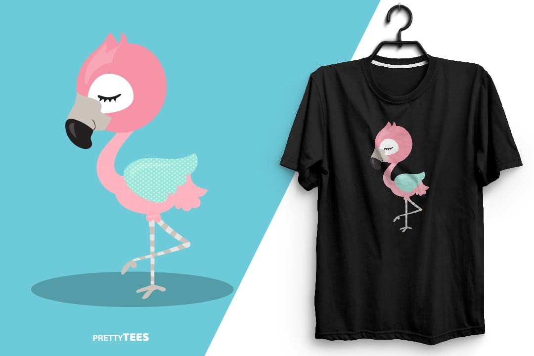 A flamingo with a huge beak is drawn on a black T-shirt.