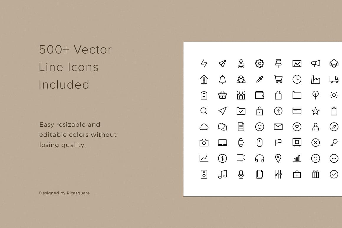 500+ vector line icons on the beige background.