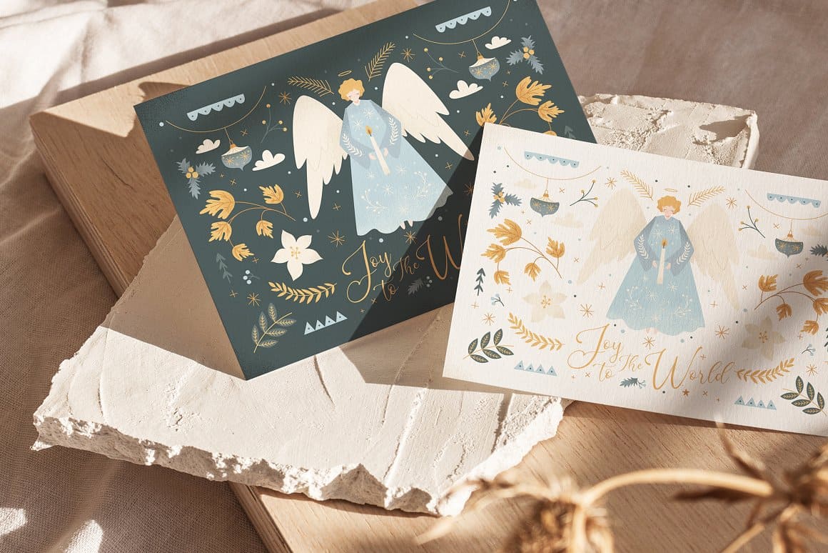 Two cards with the image of a Christmas angel on a white and blue background.