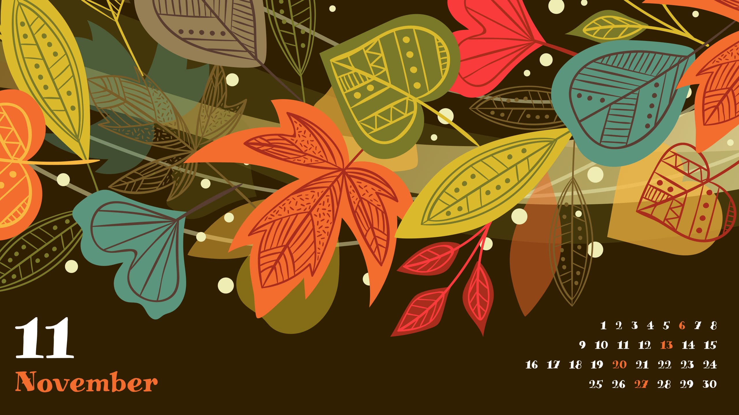 Calendar for November in brown color, resolution 2560x1440.