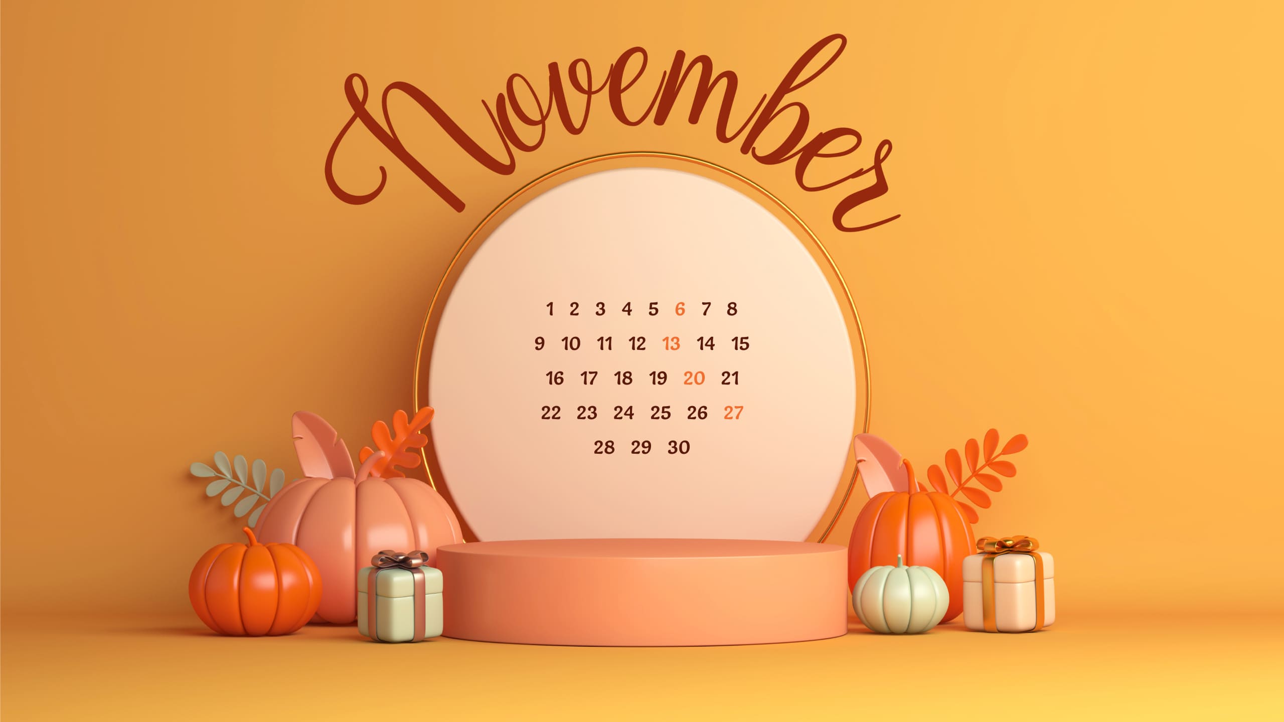 Free November calendar on the background of pumpkins.
