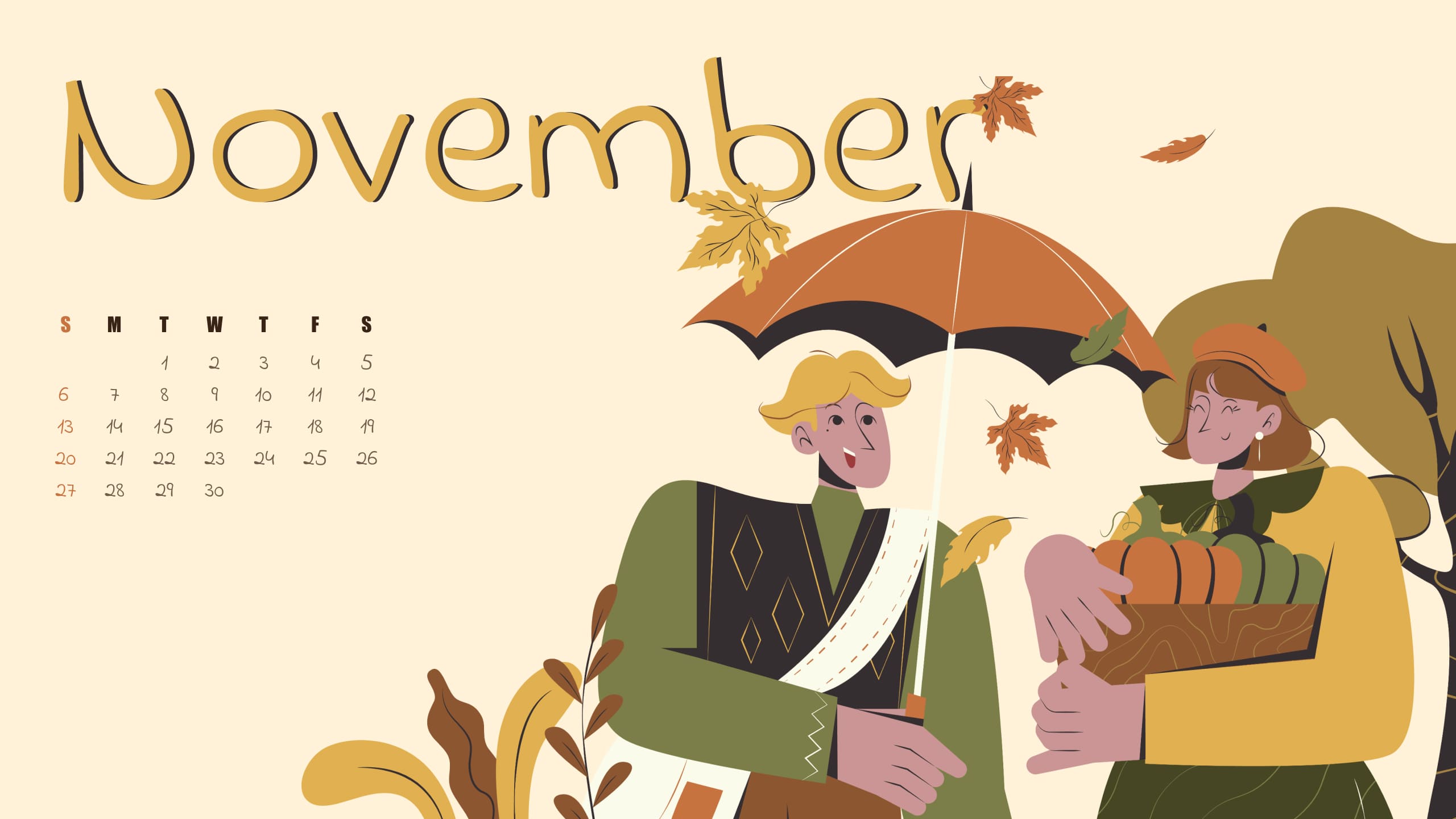 Free autumn November calendar, image size 2560x1440.