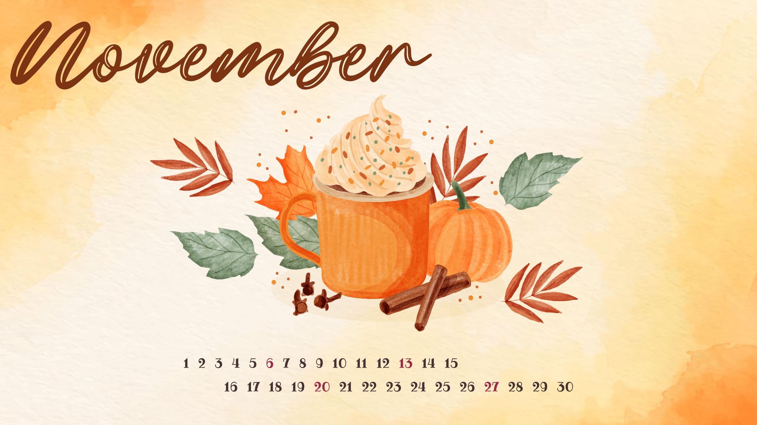 Free food calendar for November 2560x1440.