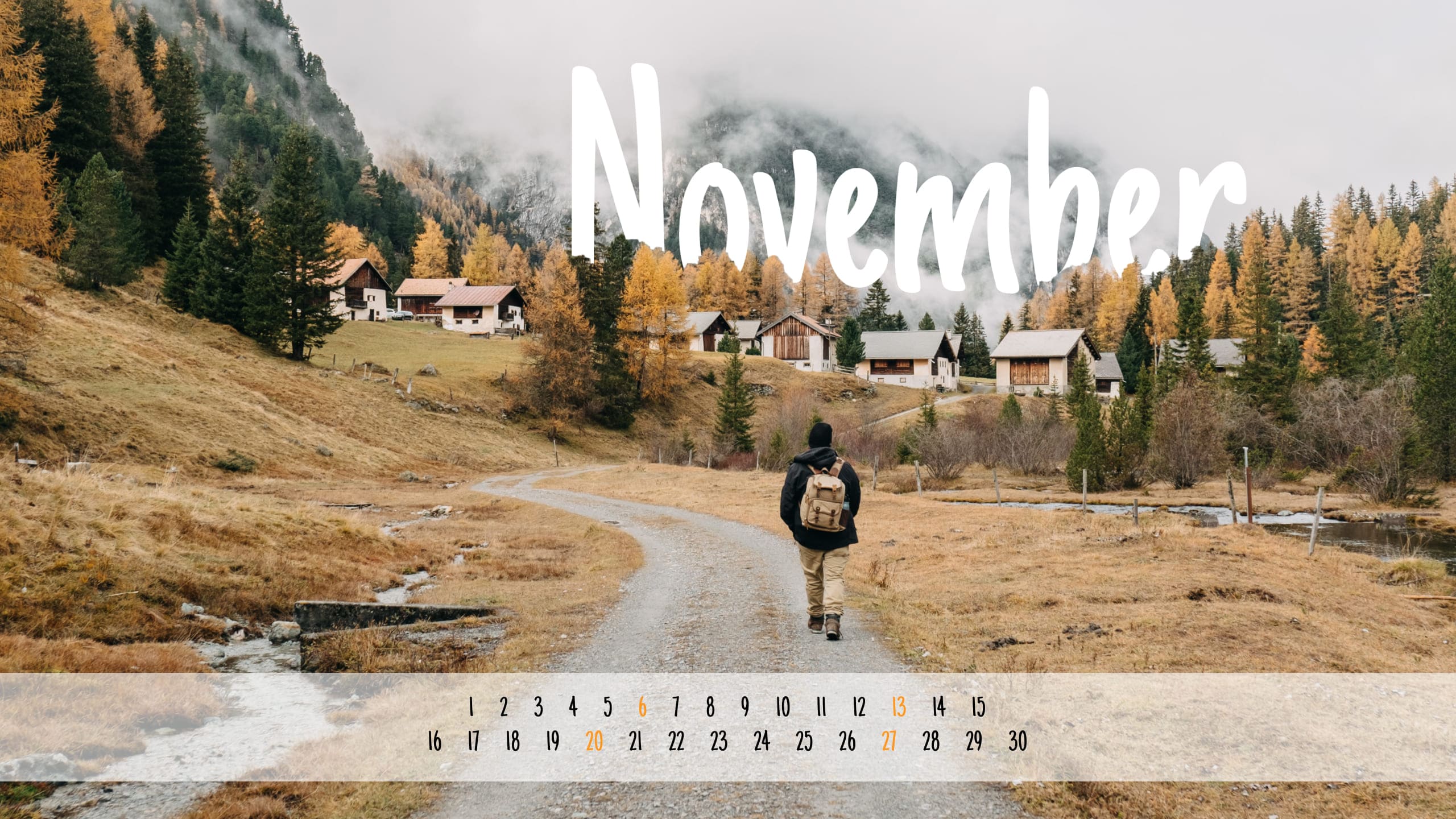 Free November calendar with mountains size 2560x1440.