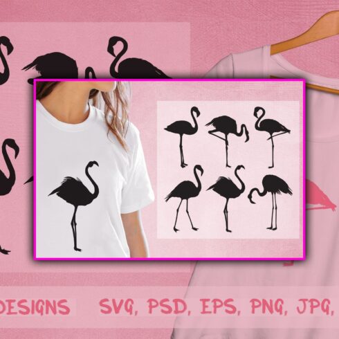 A silhouette of an adult flamingo is drawn on the girl's white T-shirt.