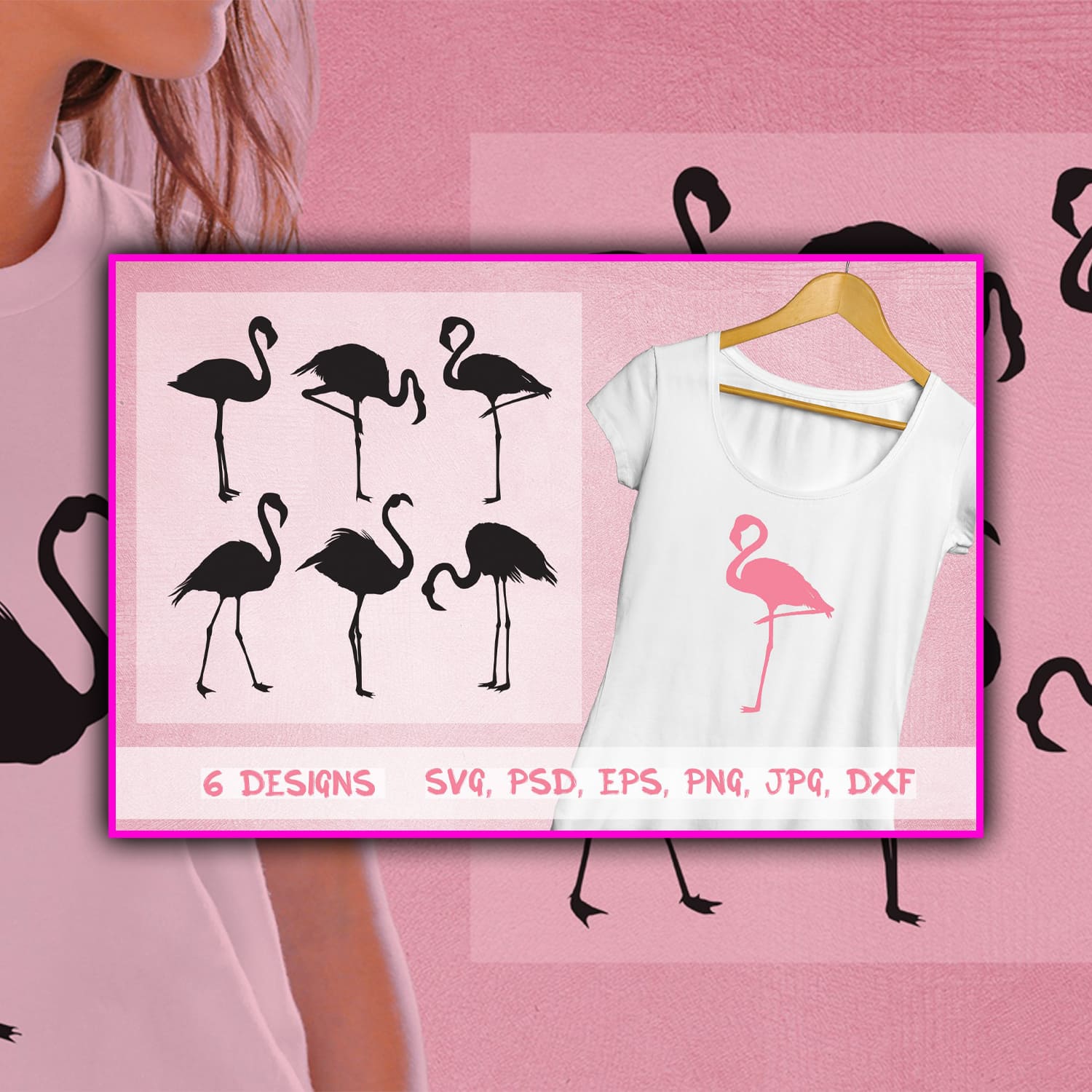 Pink flamingo silhouette on a white t-shirt.