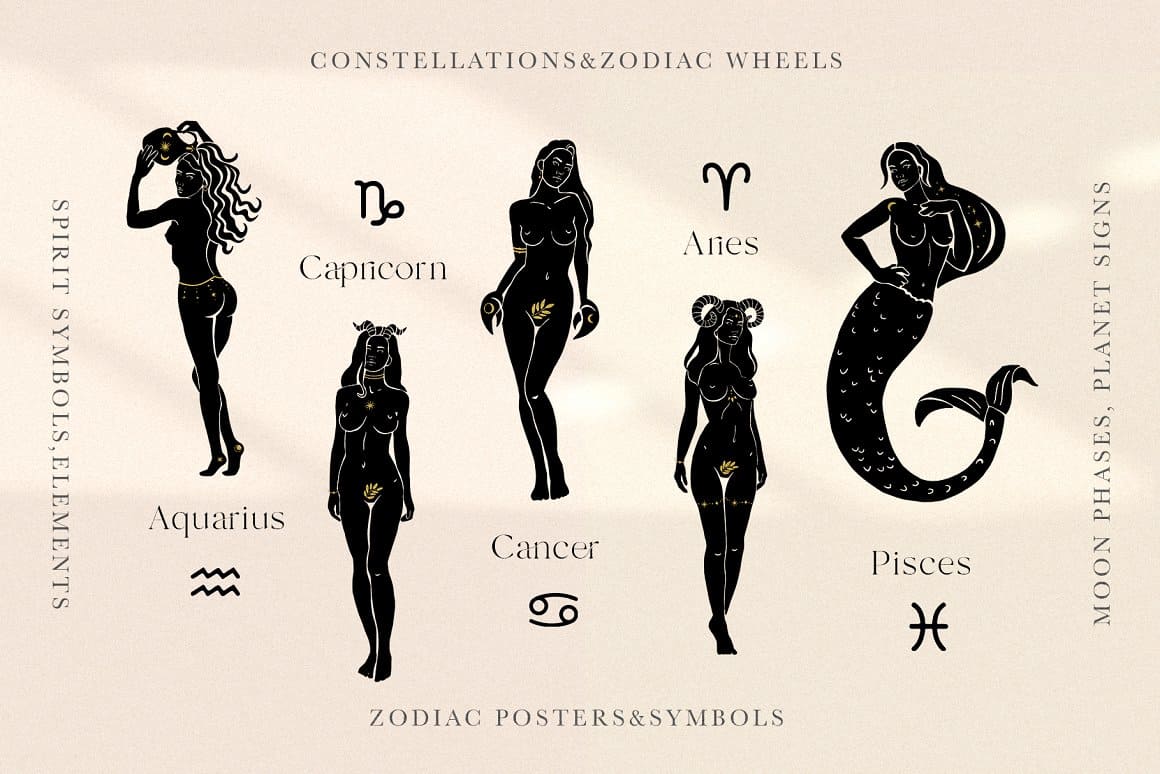 Spirit symbols, elements of zodiac.