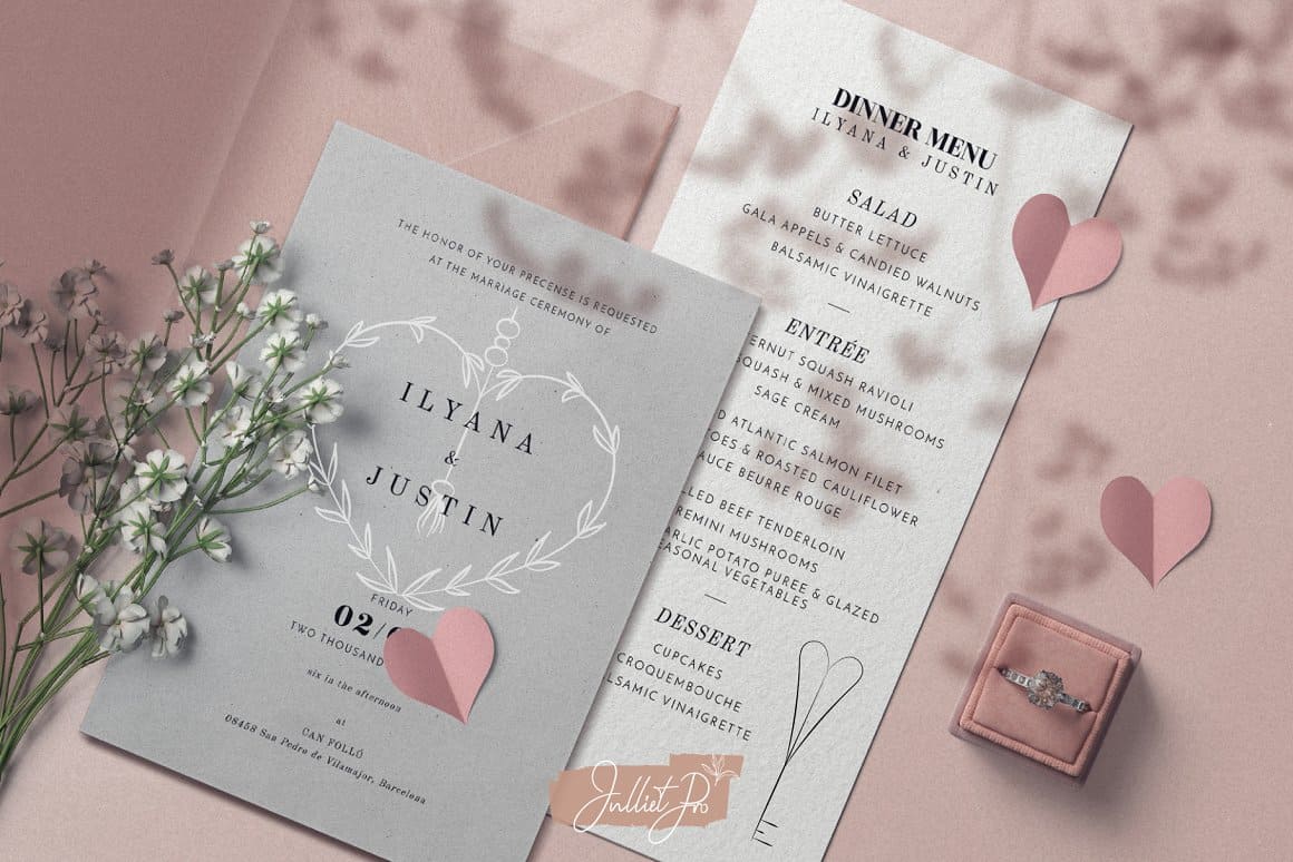 Gray invitation and white menu decorated with thin lines.