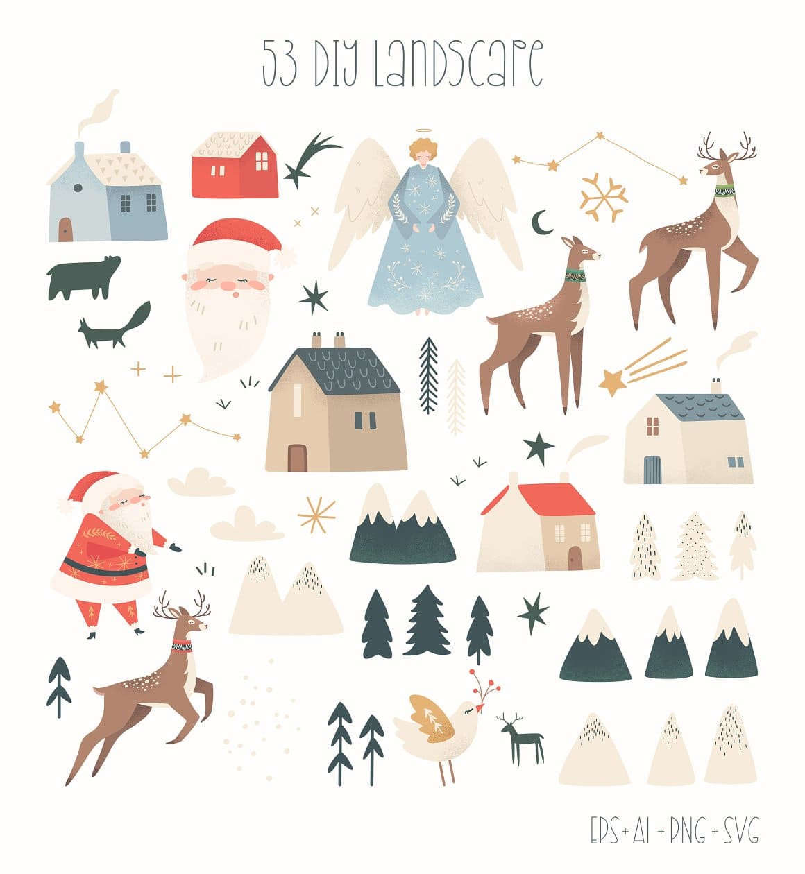 53 elements: mountains, Christmas trees, wild animals associated with Christmas.