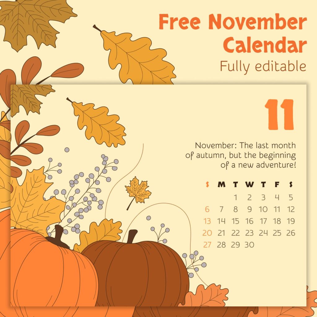 10 Free Editable November Calendars MasterBundles