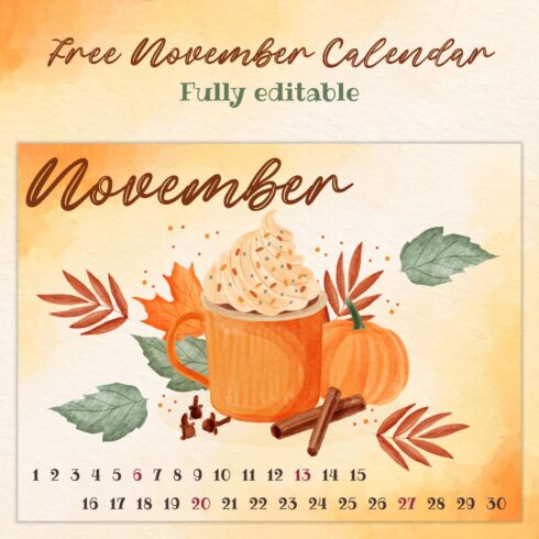 Free food calendar for November 1500x1500.
