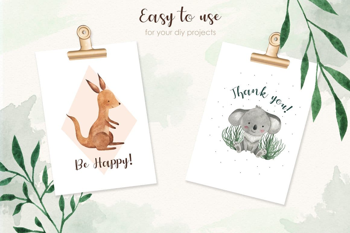 Australian Animals Watercolor Cards Design preview image.