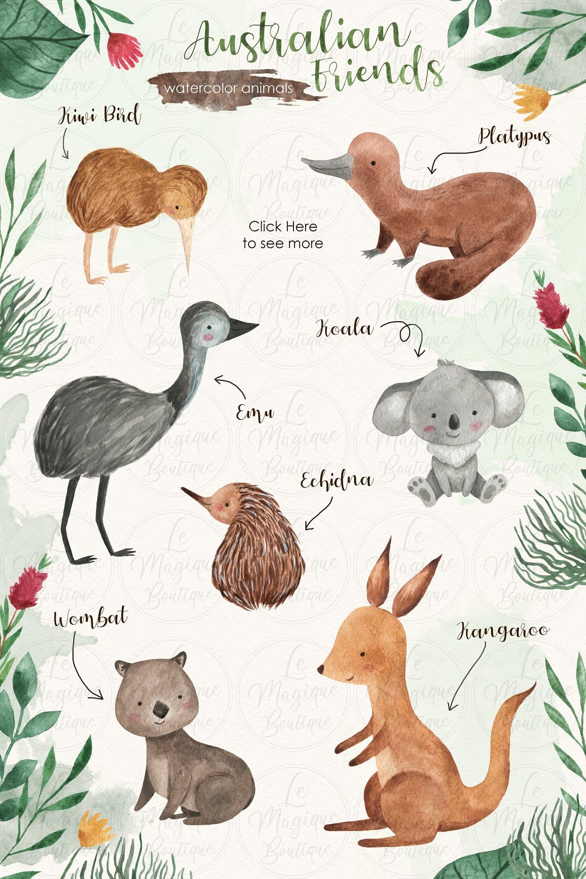 Australian Friends Animals Watercolor Clipart preview image.