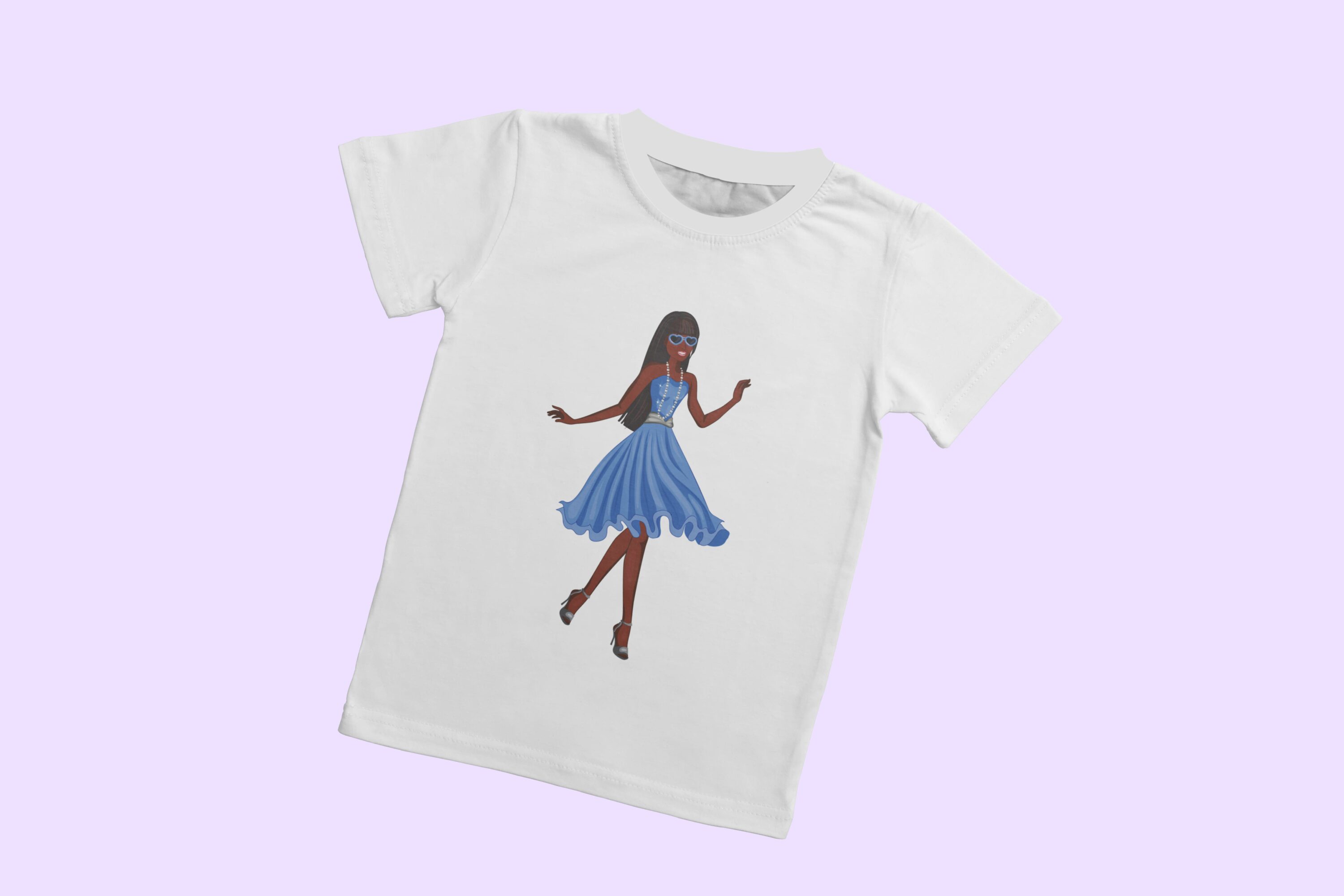 A girl in a blue dress with a print on a white T-shirt.