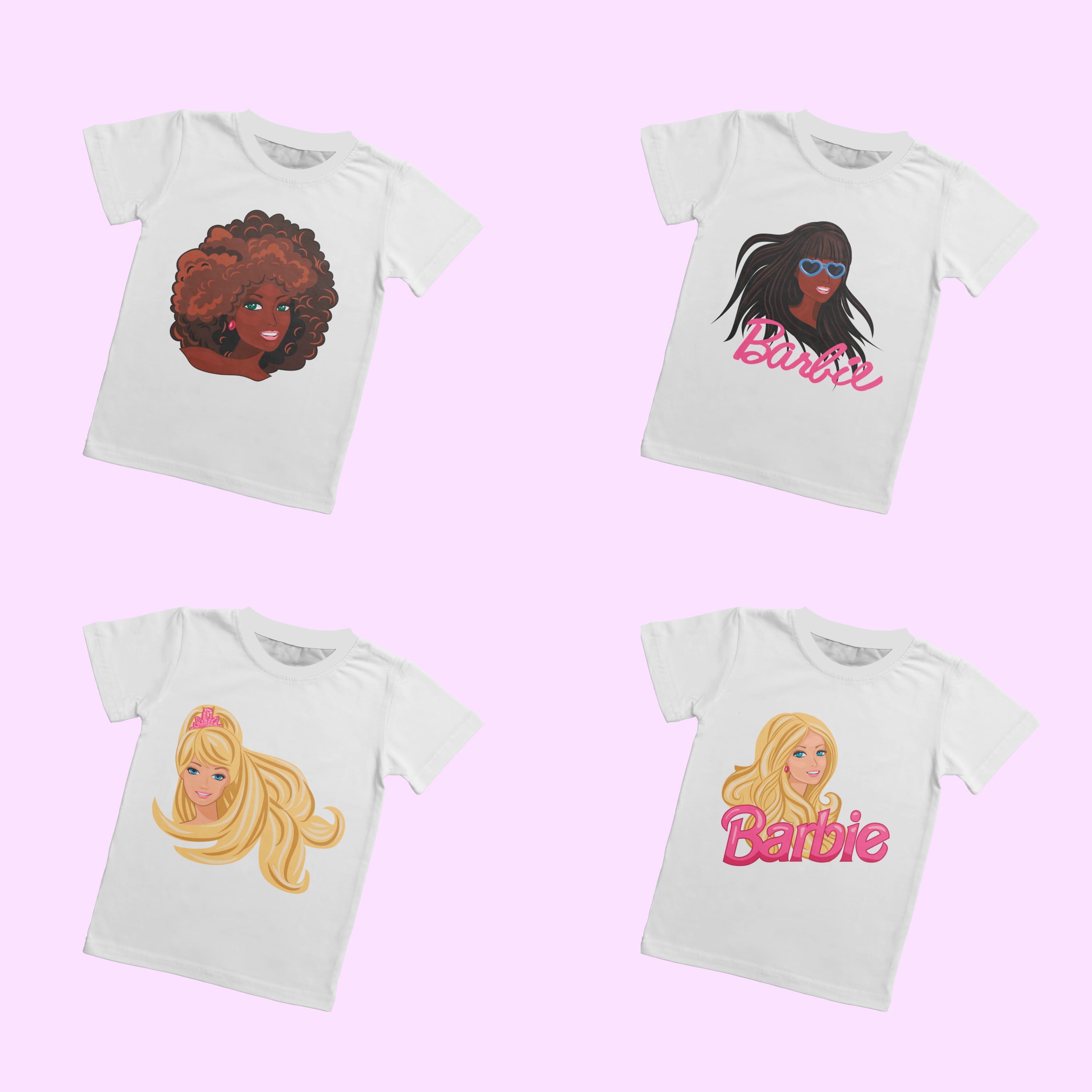 Four three t-shirts with different Barbie charms.
