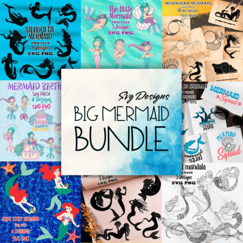 Preview big mermaid svg designs bundle.