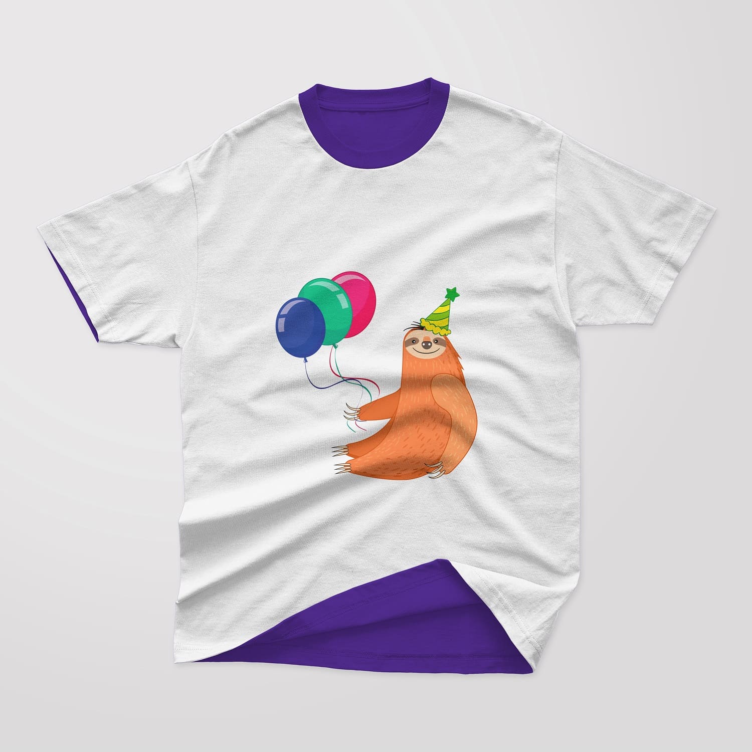 The light gray T-shirt depicts a sloth holding three colored balloons.