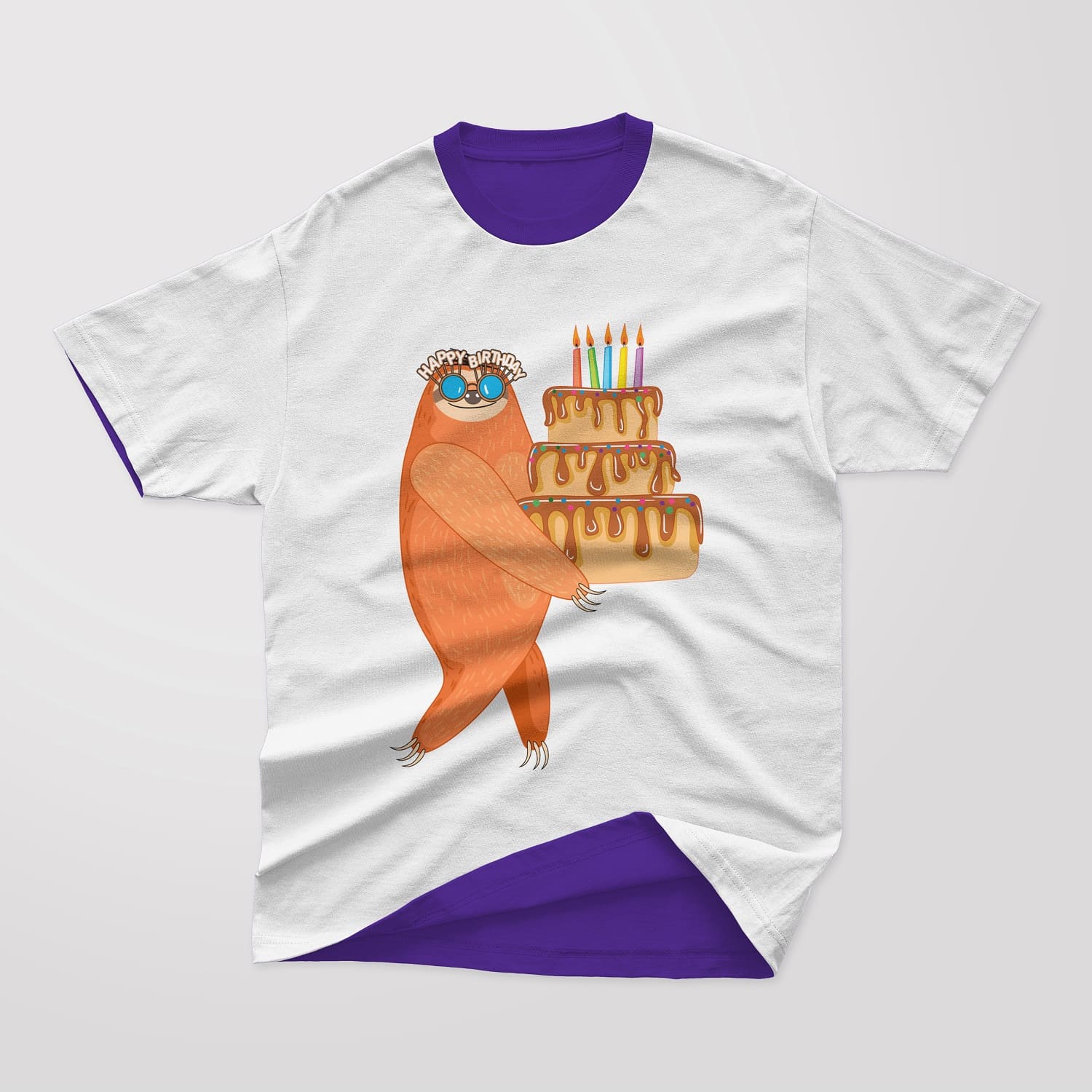 The light gray T-shirt depicts a sloth carrying a cake with festive candles.