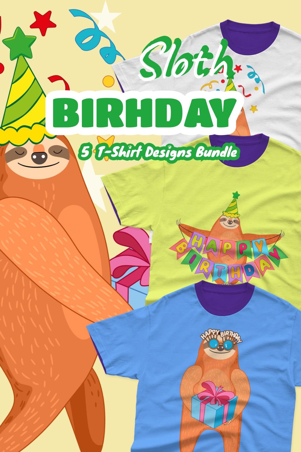 White, green and blue t-shirts depicting sloths celebrating their birthday.