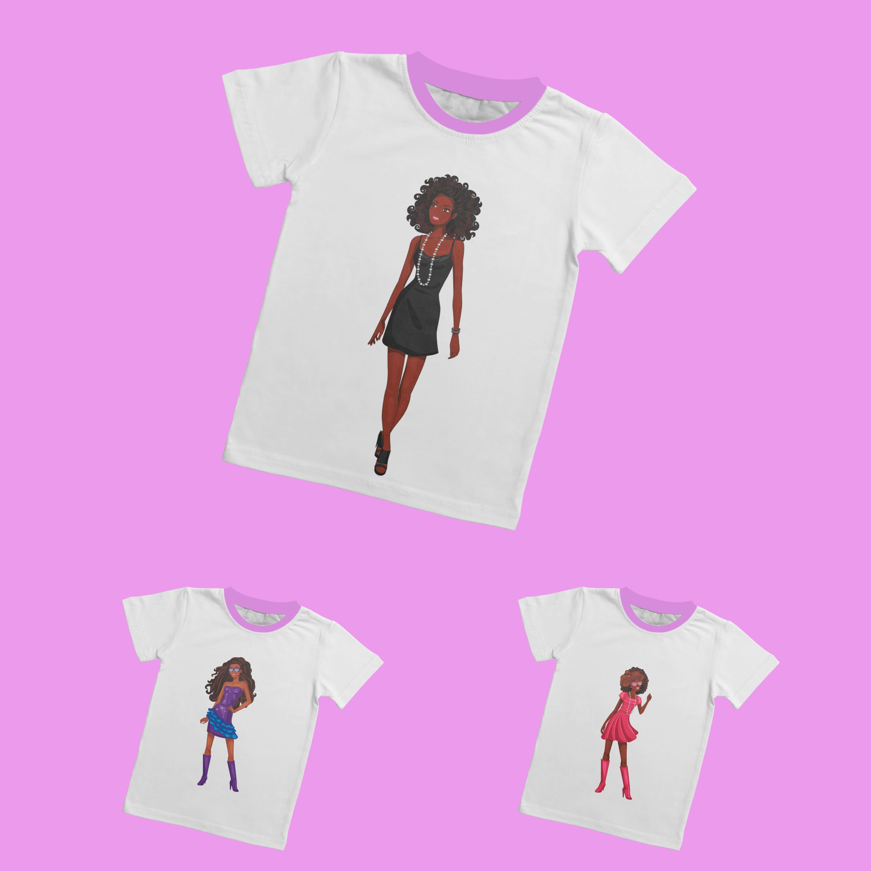 Various t-shirts with the image of models.