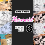 Preview black white mermaid svg files bundle.