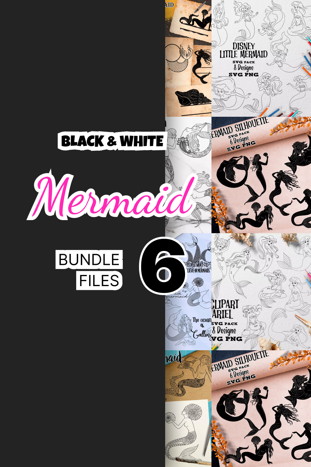 Black white mermaid svg files bundle images of pinterest.