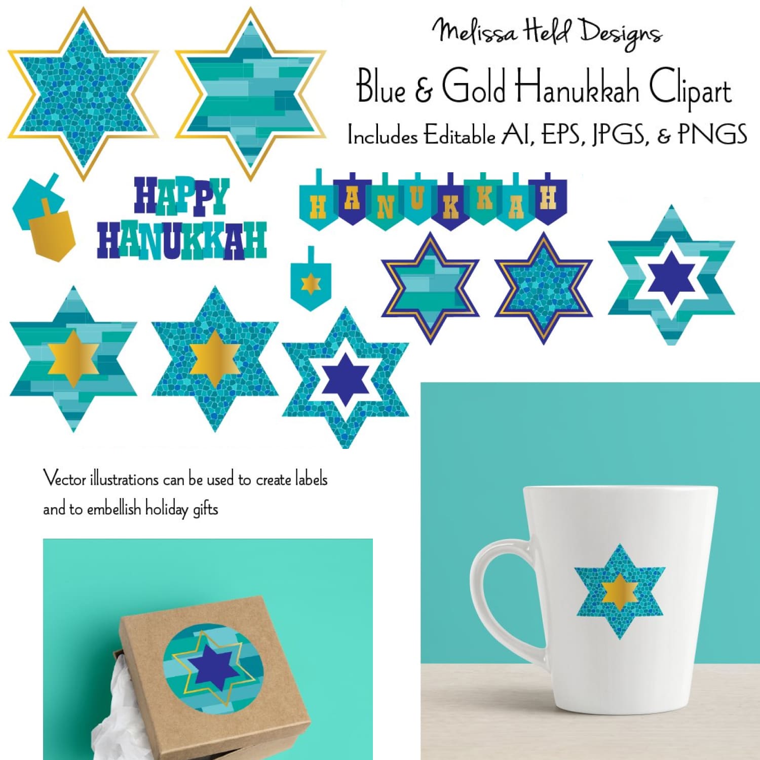 Prints of blue gold hanukkah clipart.