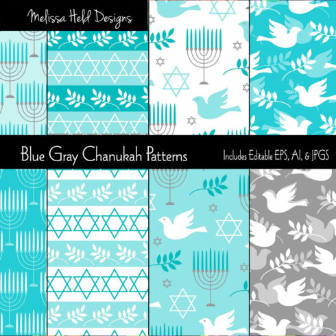 Prints of blue gray hanukkah patterns.