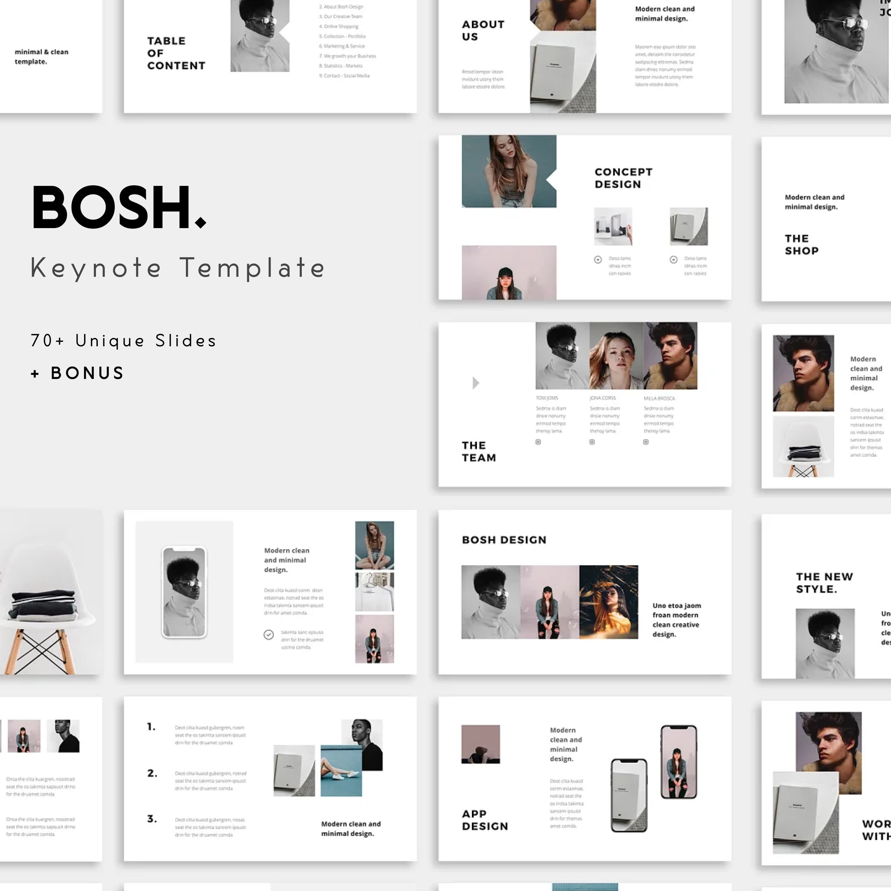 70+ unique slides of Bosh keynote template 3000x3000.