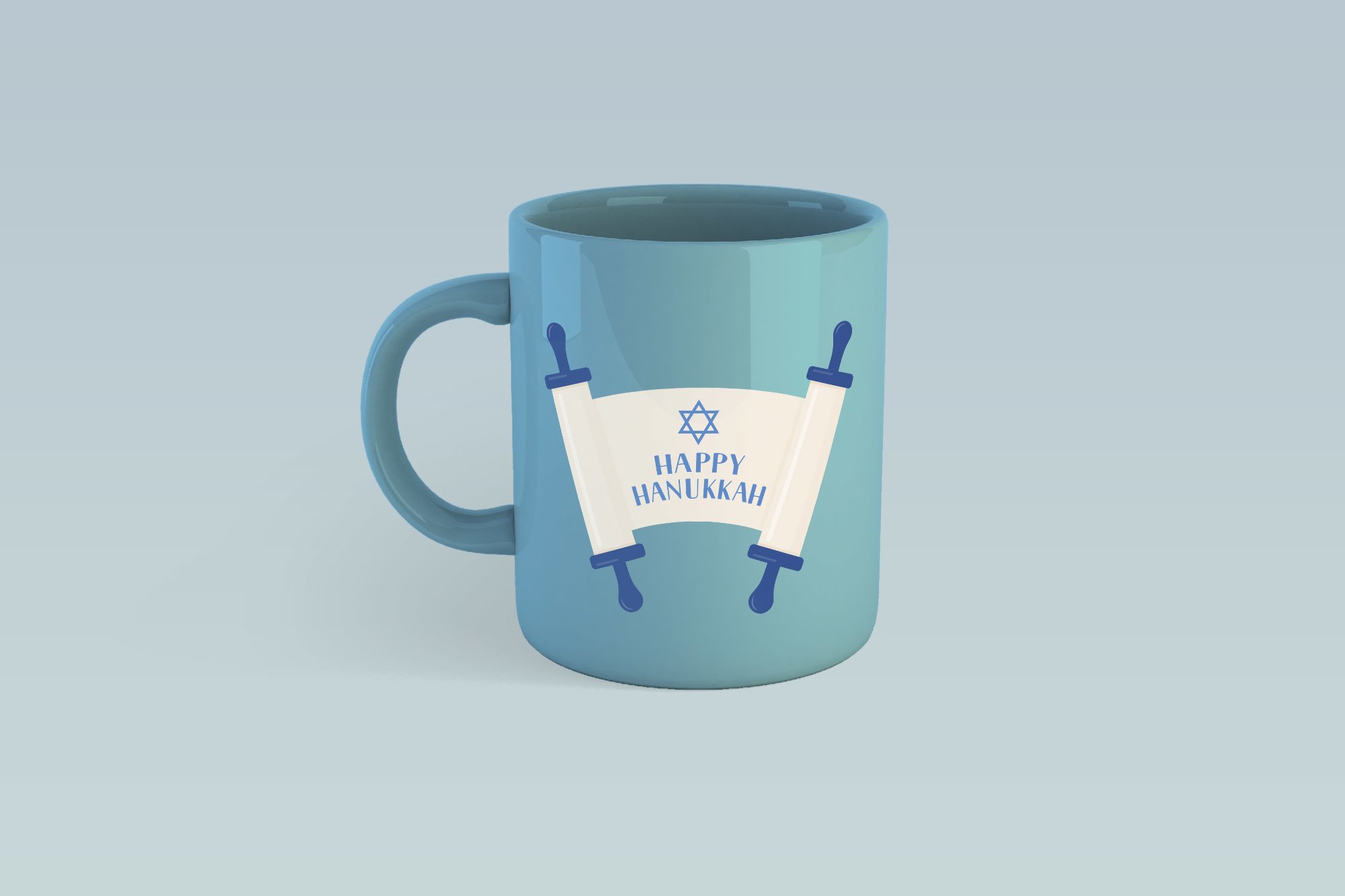 Blue mug with a print.