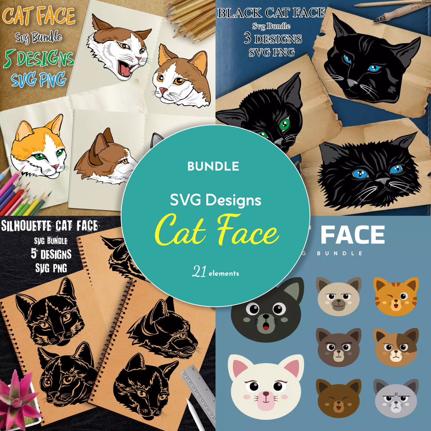 Preview cat face svg designs bundle.