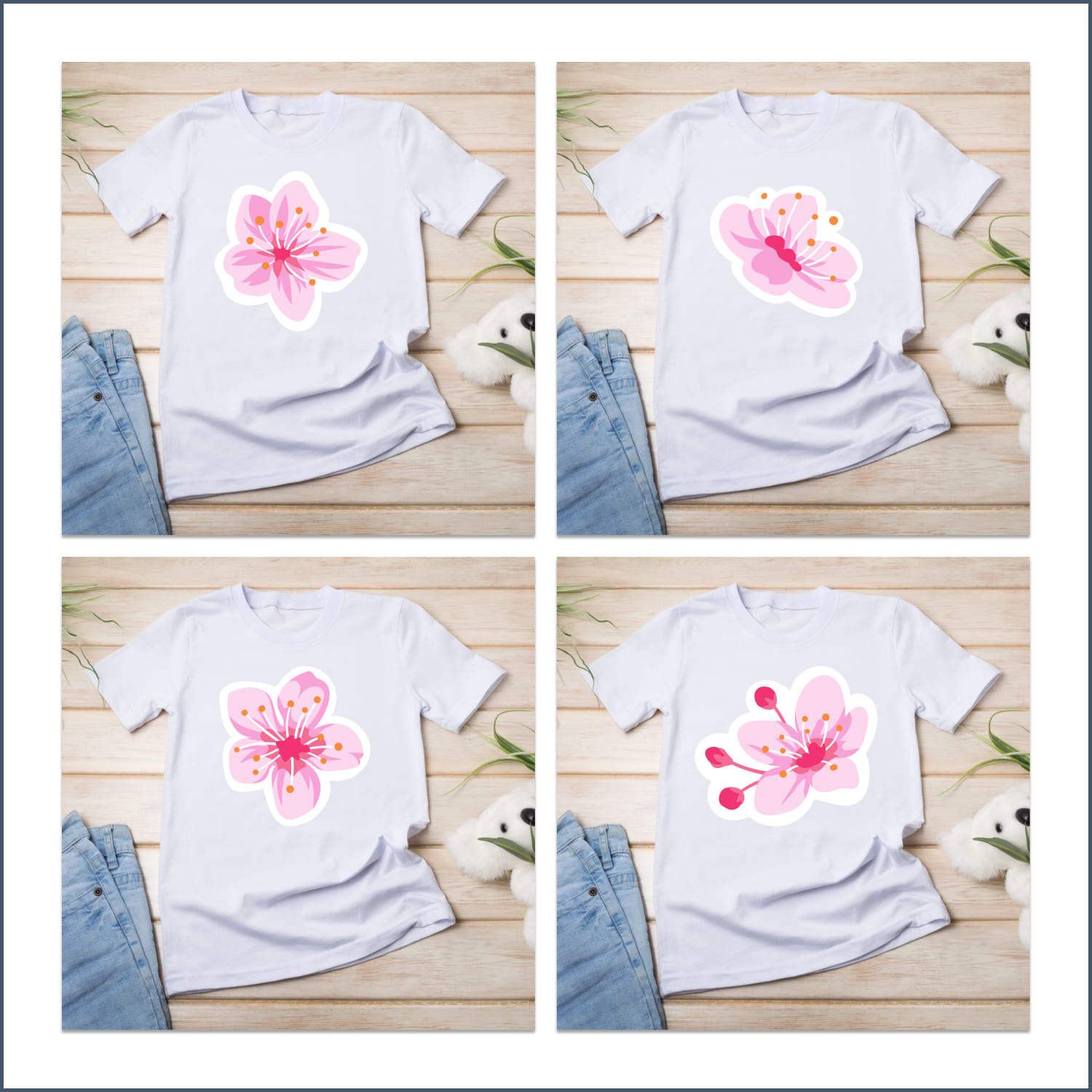 Images with cherry blossom flower on t-shirt designs.