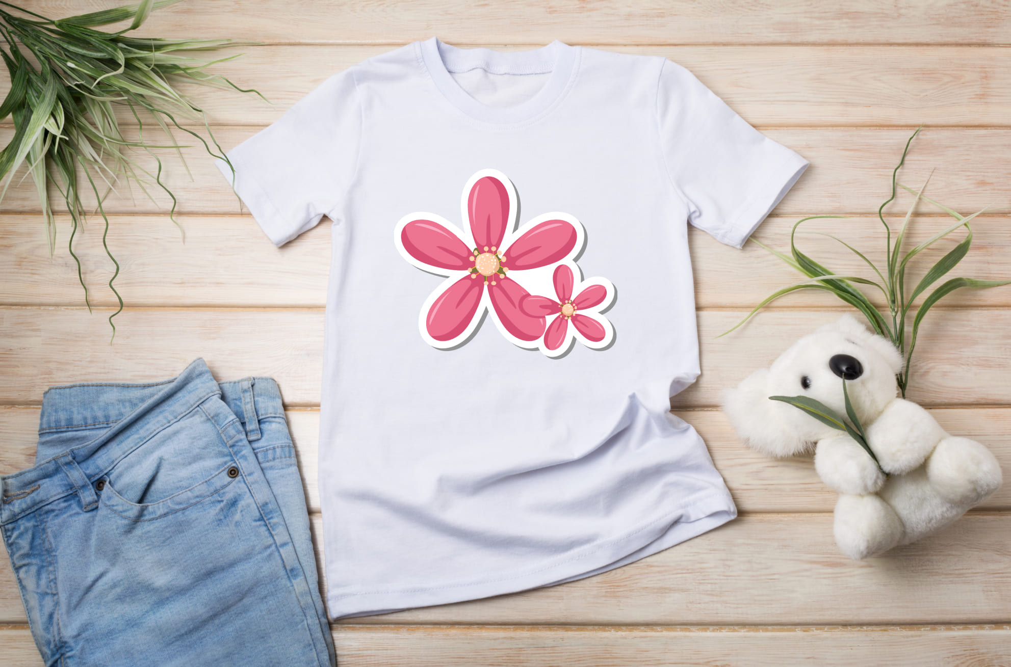 Beautiful pink flowers on a T-shirt.