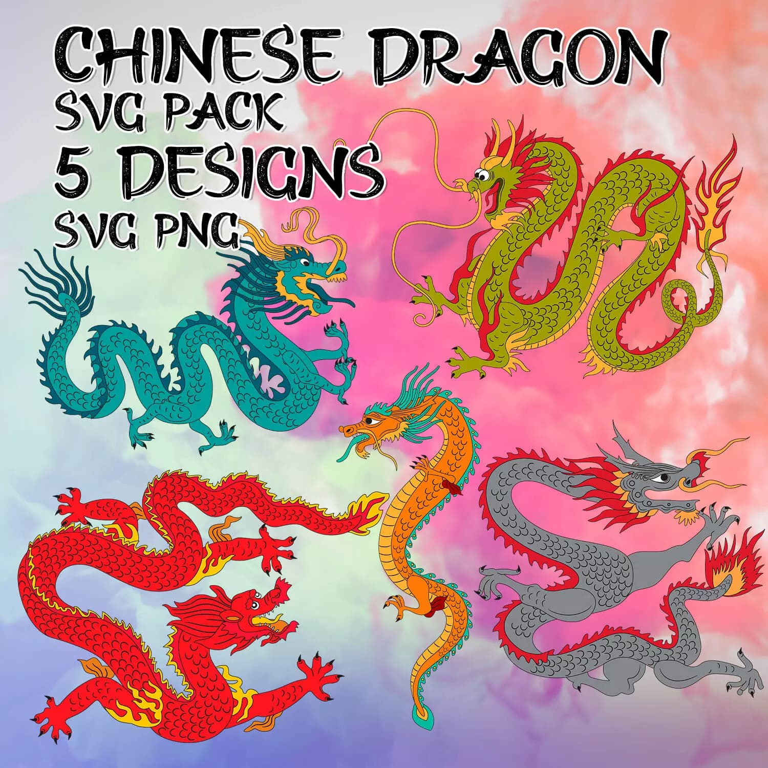 Chinese dragon svg pack 5 designs.