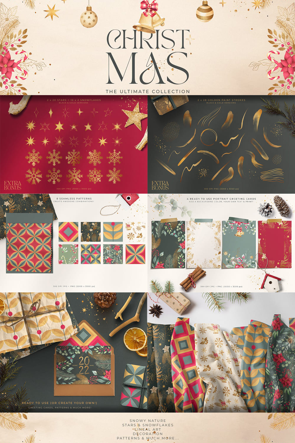 Collage of images of Christmas patterns with patterns, lines and snowflakes.