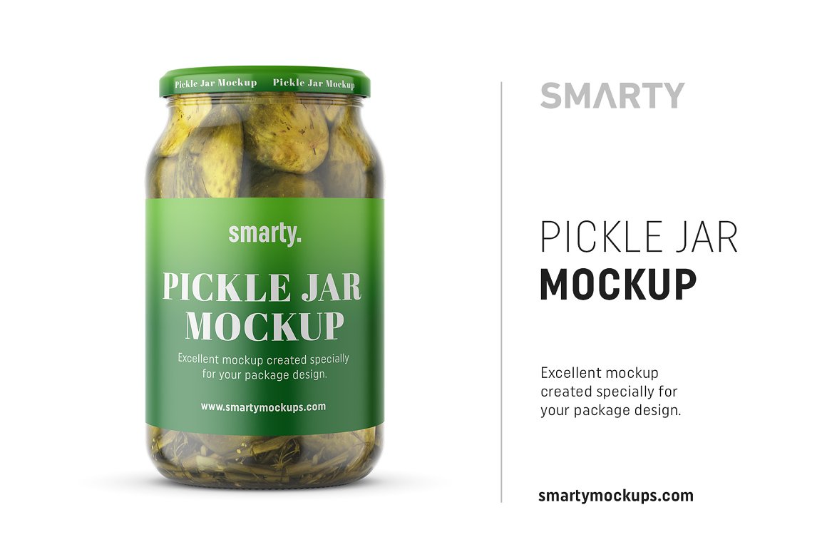 Great jars with a green label and cucumbers inside.
