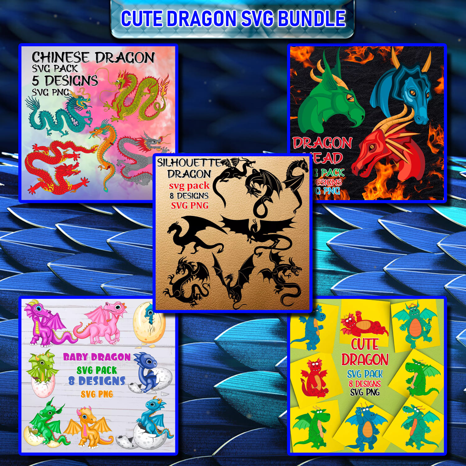 Collage of different dragon images on a blue background.