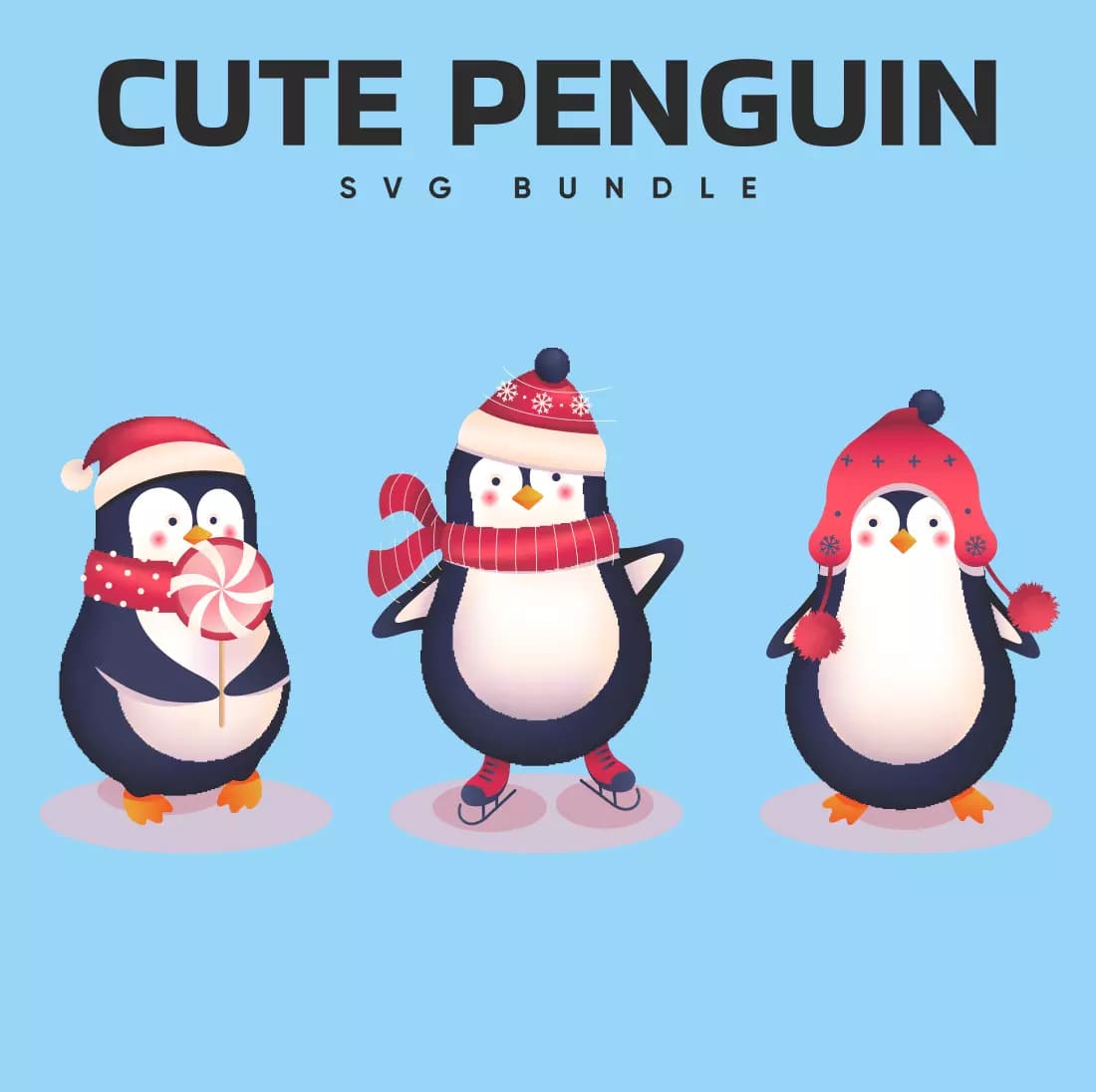 Group of penguins wearing hats and scarfs.