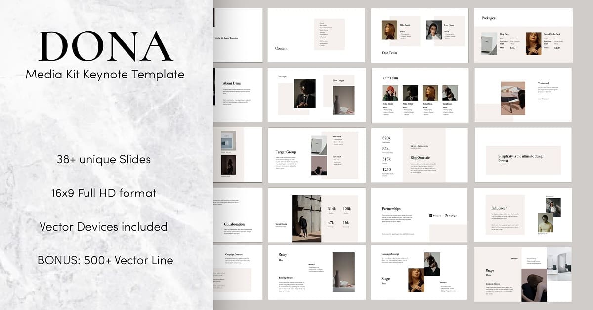 38+ unique slides of media kit keynote template Dona.