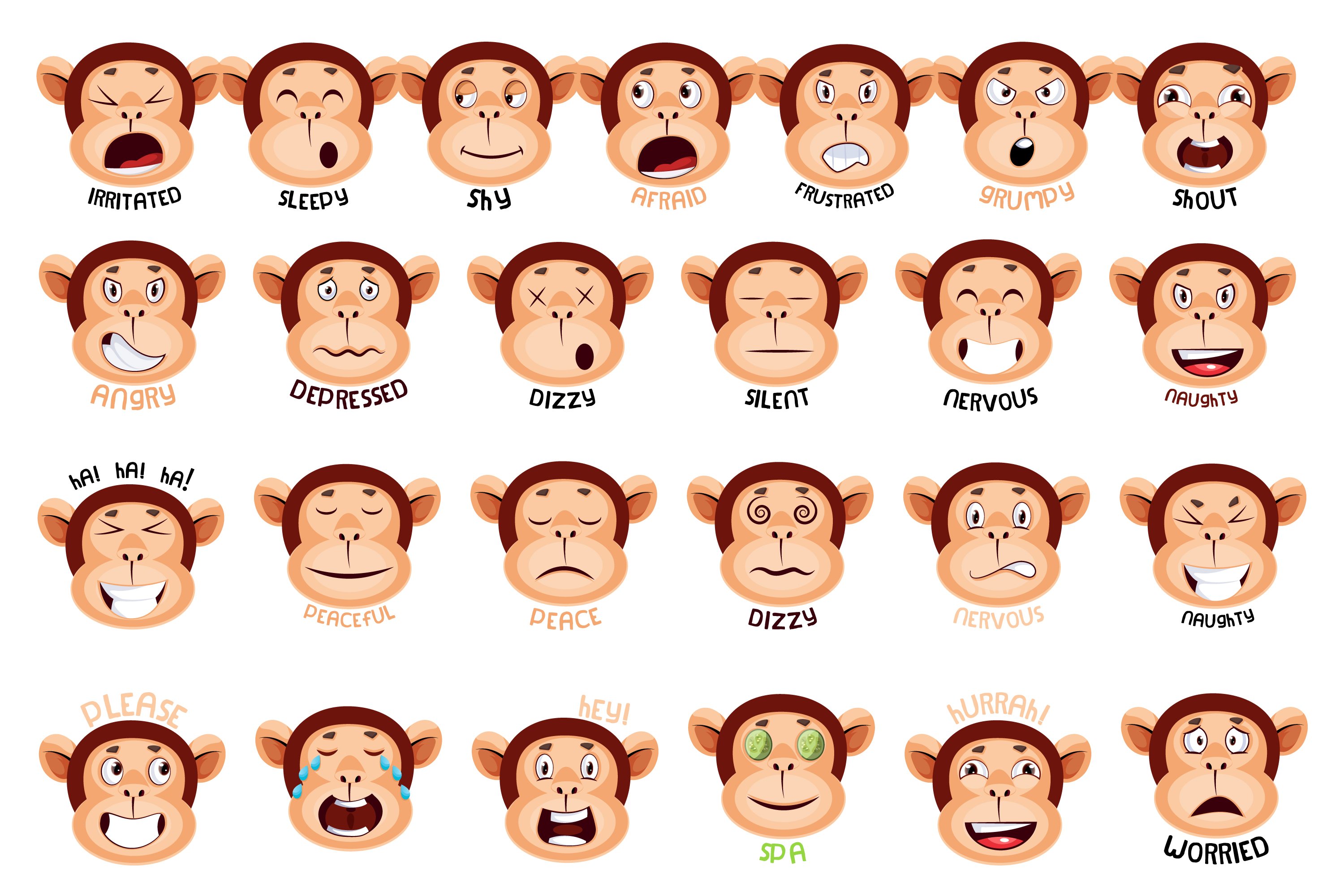Various facial expressions and objects of the monkey.