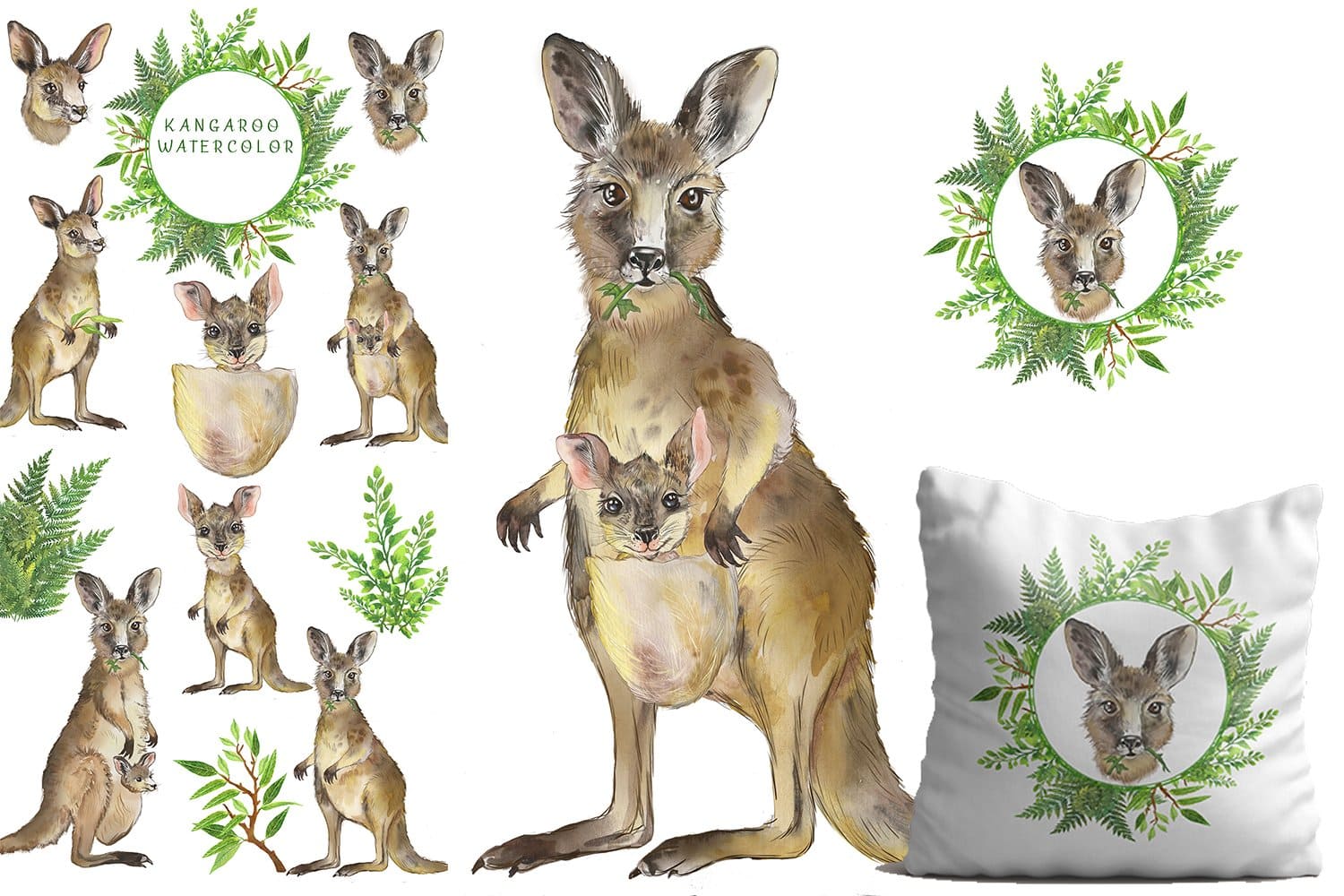 Family Kangaroo Watercolor Clipart preview image.