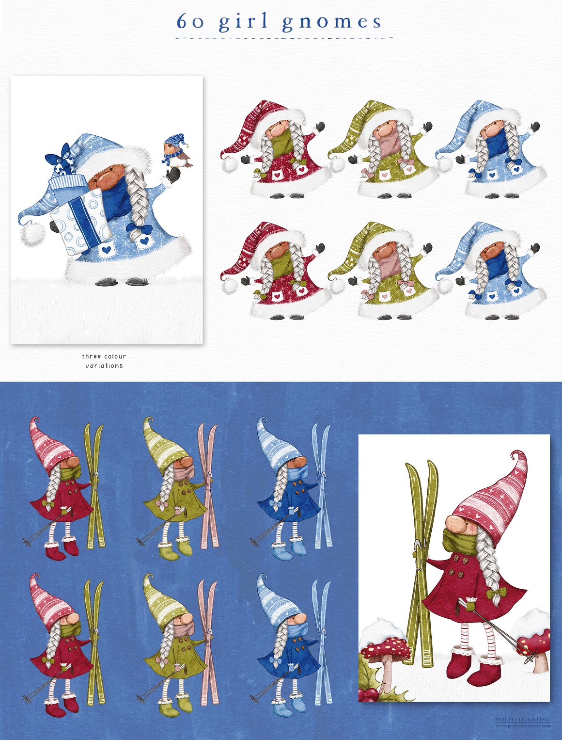 White and blue background with dwarfs in striped clothes.