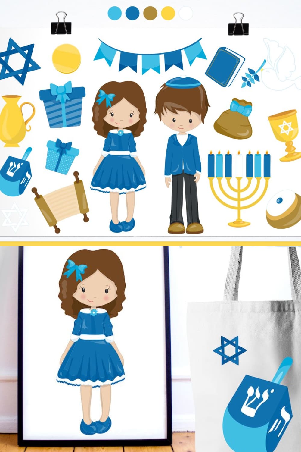 Beautiful children and icons on the theme of Hanukkah.