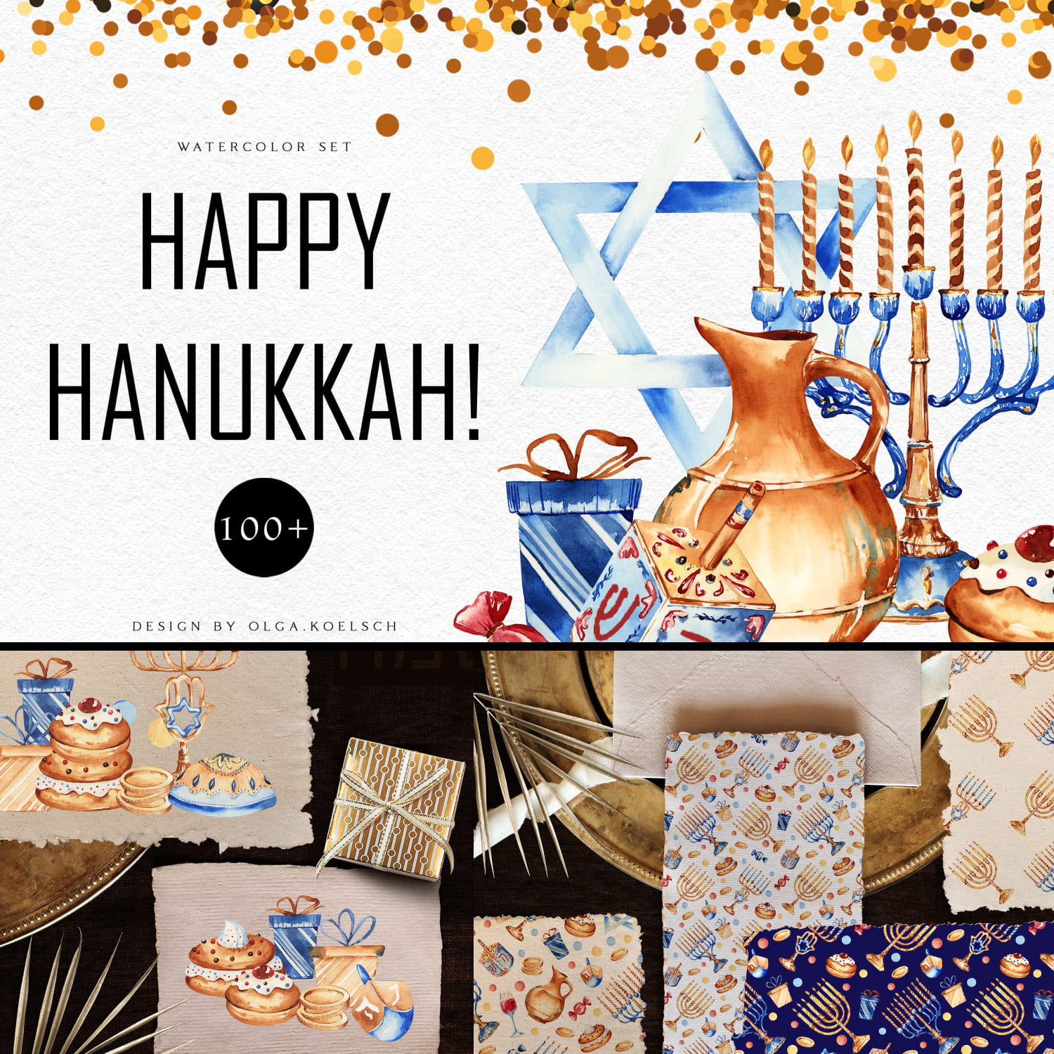 Prints of hanukkah watercolor jewish holiday.