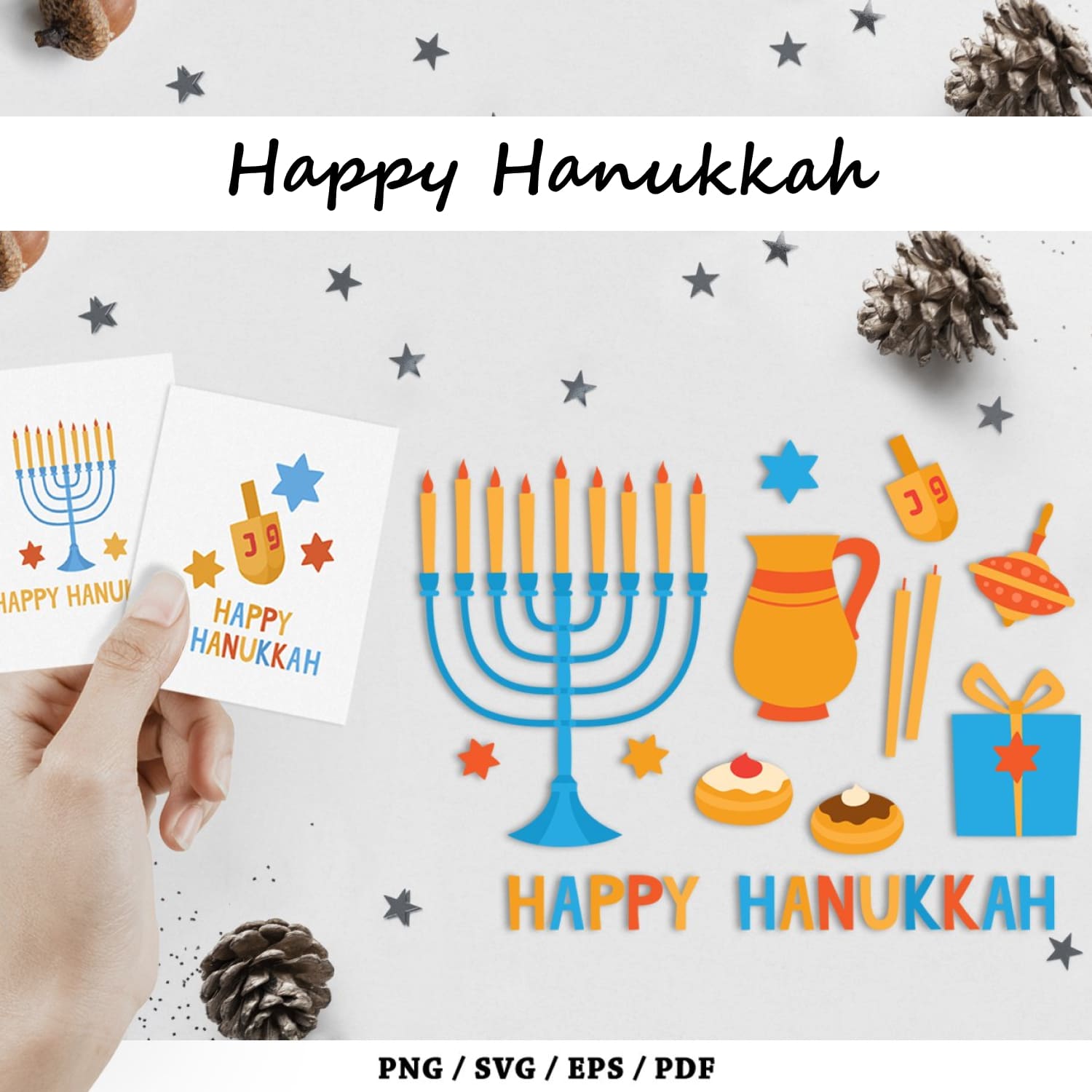 P:rints of happy hanukkah. elements and greeting cards.