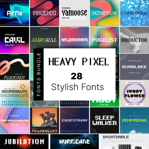 Preview heavy pixel fonts bundle 28 stylish fonts.