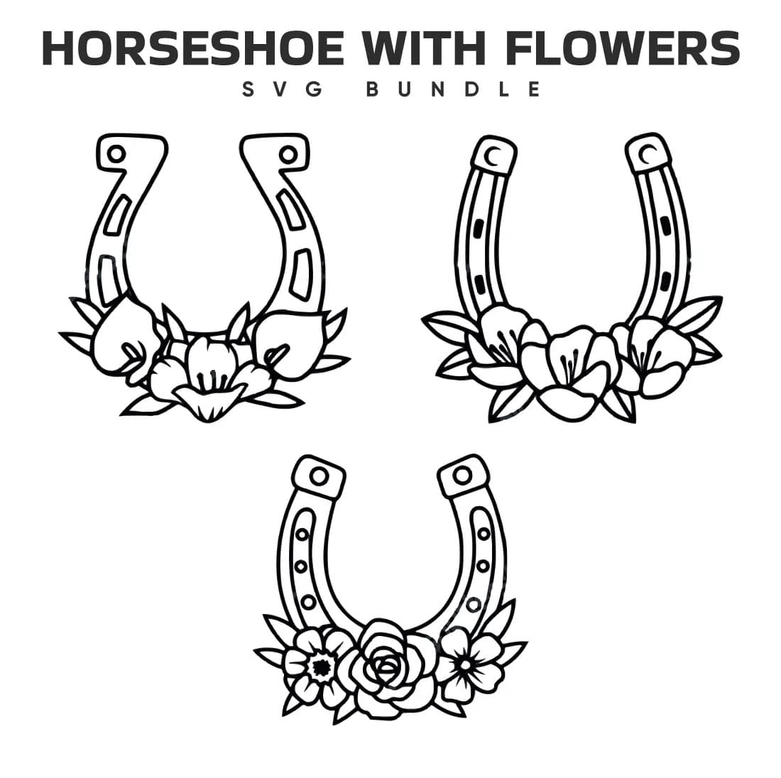 Set of three horseshoes with flowers on them.