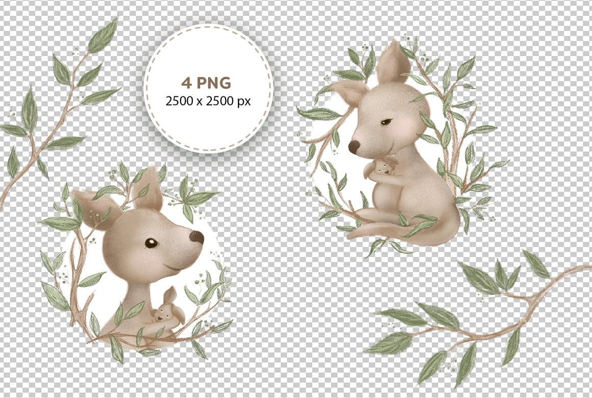 Kangaroo and Leaves Seamless Patterns preview image.