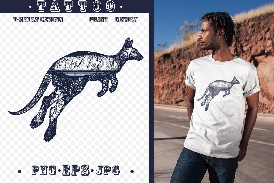 Kangaroo Tattoo T-shirt Design preview image.