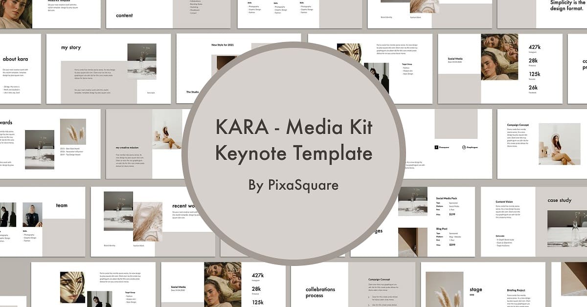 Round icon with inscription "KARA - media kit keynote template".